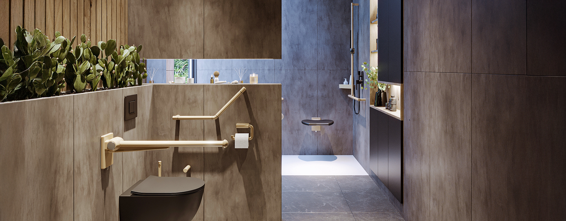 Modernes, barrierefreies Bad mit stilvollen Haltegriffen, Sitz in der Dusche und dekorativen Elementen.