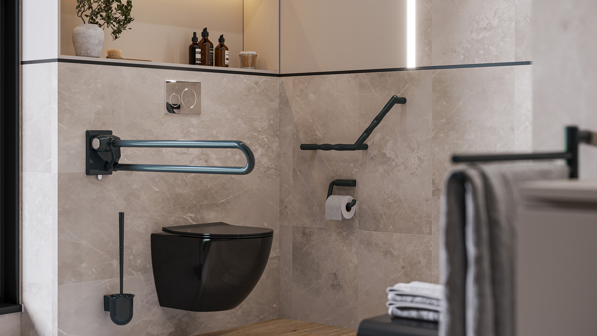 Barrierefreies Bad mit schwarzem WC, Haltegriffen und modernen Accessoires in stilvollem Design.